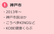 1.神戸市 ・2013年〜 ・神戸市民ほか ・こうべ歩KINGなど ・KOBE健康くらぶ