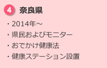 4.奈良県 ・2014年～ ・県民およびモニター ・おでかけ健康法 ・健康ステーション設置