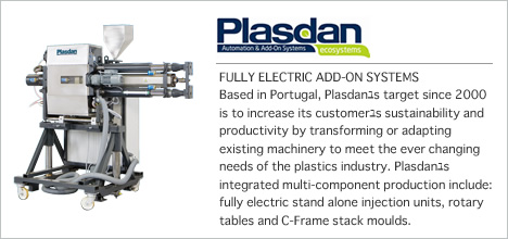 FULLY ELECTRIC ADD-ON SYSTEMS
Based in Portugal, Plasdan’s target since 2000 is to increase its customer’s sustainability and productivity by transforming or adapting existing machinery to meet the ever changing needs of the plastics industry. Plasdan’s integrated multi-component production include: fully electric stand alone injection units, rotary tables and C-Frame stack moulds.
